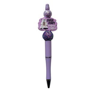 Purple "Super Scary Before Coffee" beaded pen with replacement ink